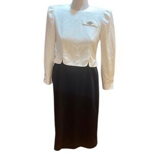 Vintage 70s Leslie Fay dress black white shoulder pads women’s size 4 petite